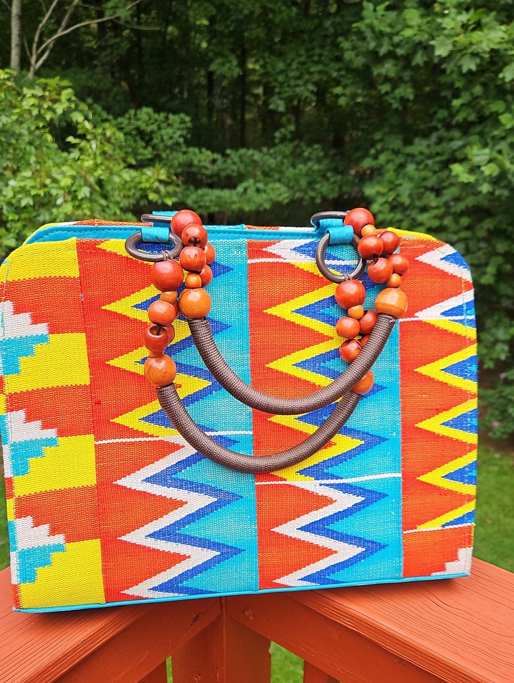 **Colorful Zigzag Tribal Satchel with Beaded Handles — Multicolor